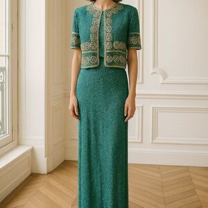 Vintage Laurence Kazar Silk Beaded Gown | Turquoise & Gold | Faux Jacket | Med